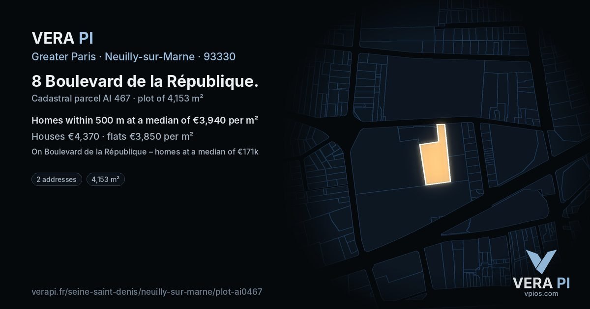 8 Boulevard de la République, Neuilly-sur-Marne at night – the plot lit, the parcels around coloured by the prices near them