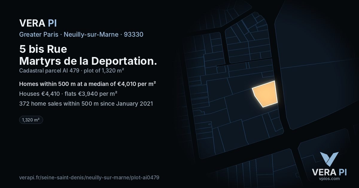 5 bis Rue Martyrs de la Deportation, Neuilly-sur-Marne at night – the plot lit, the parcels around coloured by the prices near them