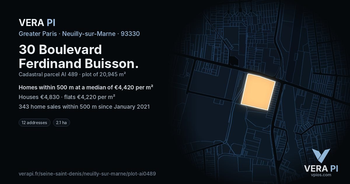 30 Boulevard Ferdinand Buisson, Neuilly-sur-Marne at night – the plot lit, the parcels around coloured by the prices near them