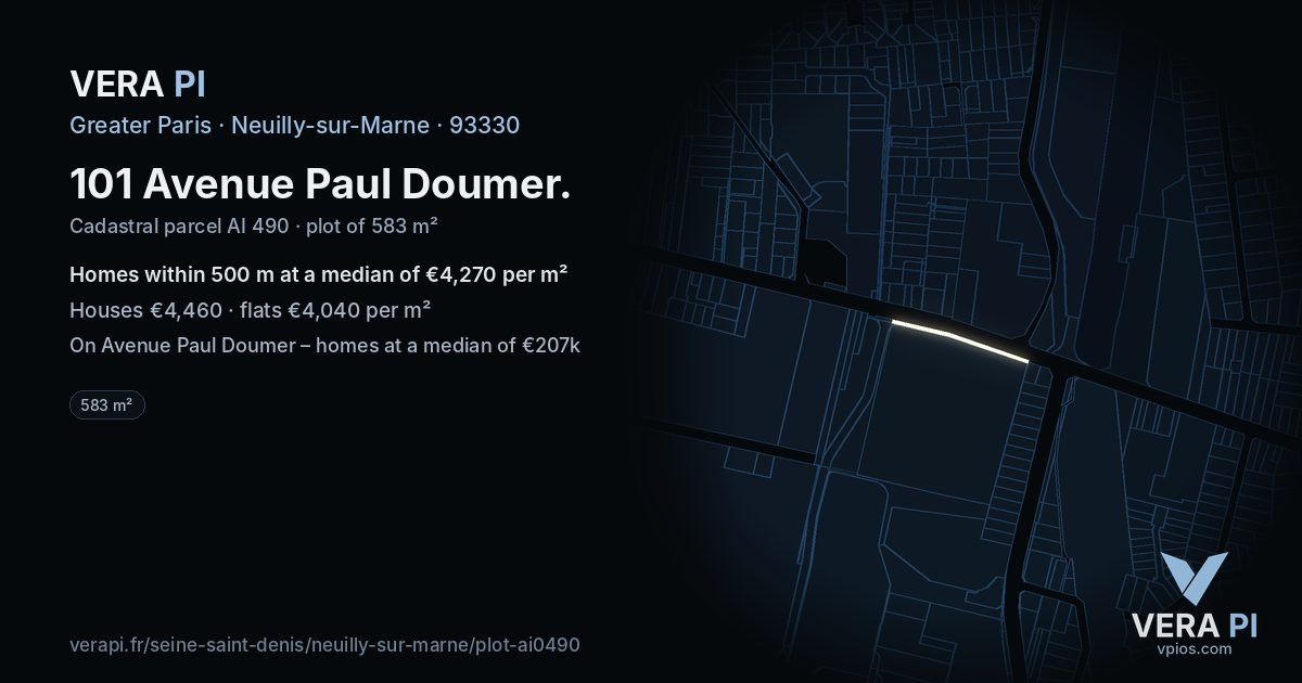 101 Avenue Paul Doumer, Neuilly-sur-Marne at night – the plot lit, the parcels around coloured by the prices near them