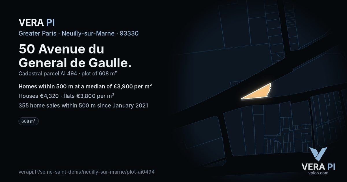 50 Avenue du General de Gaulle, Neuilly-sur-Marne at night – the plot lit, the parcels around coloured by the prices near them