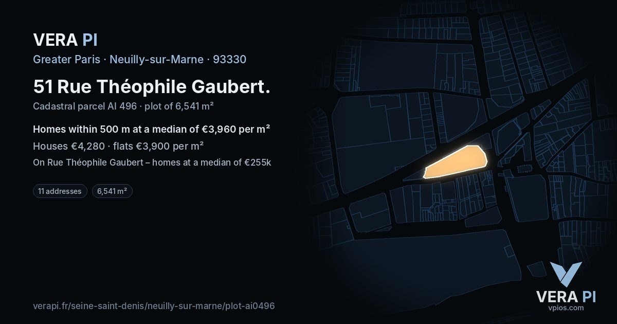 51 Rue Théophile Gaubert, Neuilly-sur-Marne at night – the plot lit, the parcels around coloured by the prices near them