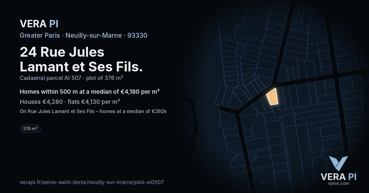 24 Rue Jules Lamant et Ses Fils, Neuilly-sur-Marne at night – the plot lit, the parcels around coloured by the prices near them