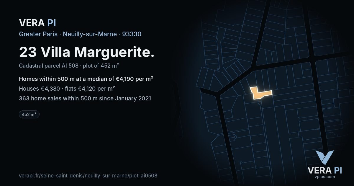 23 Villa Marguerite, Neuilly-sur-Marne at night – the plot lit, the parcels around coloured by the prices near them