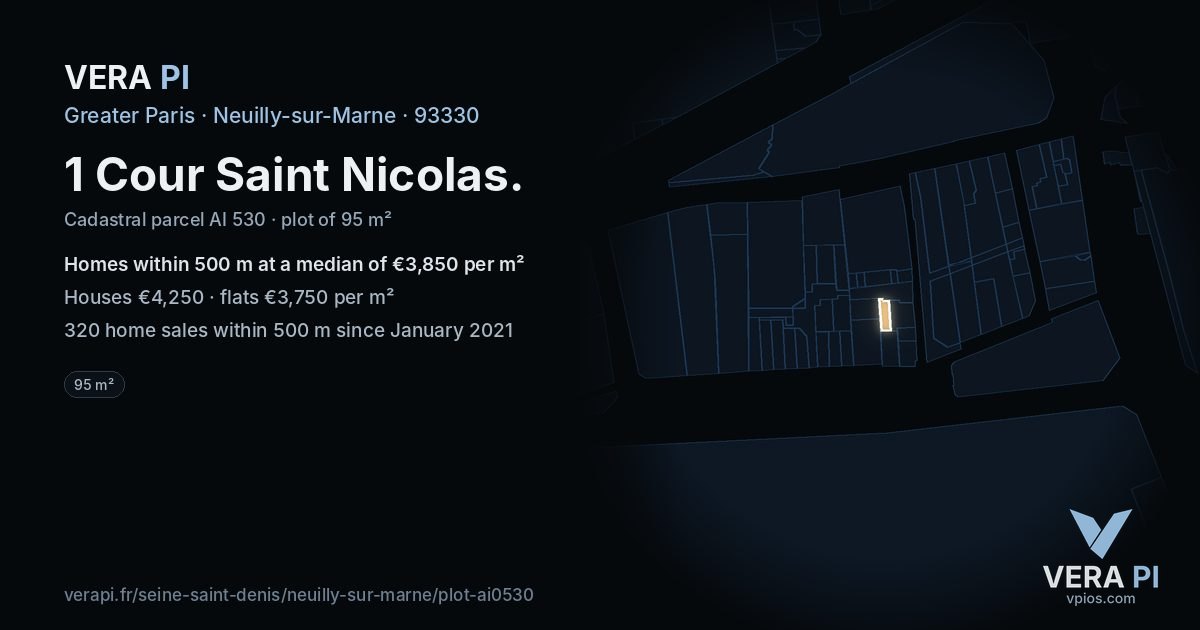 1 Cour Saint Nicolas, Neuilly-sur-Marne at night – the plot lit, the parcels around coloured by the prices near them