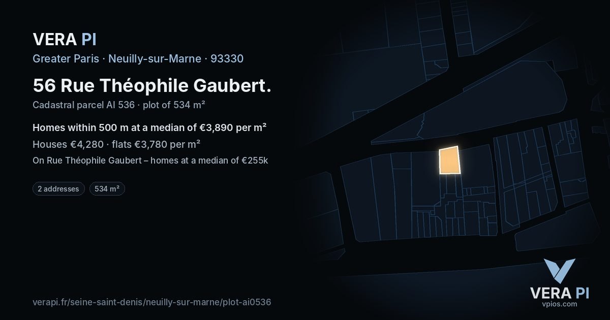 56 Rue Théophile Gaubert, Neuilly-sur-Marne at night – the plot lit, the parcels around coloured by the prices near them