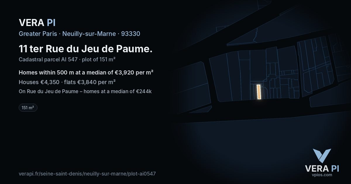 11 ter Rue du Jeu de Paume, Neuilly-sur-Marne at night – the plot lit, the parcels around coloured by the prices near them