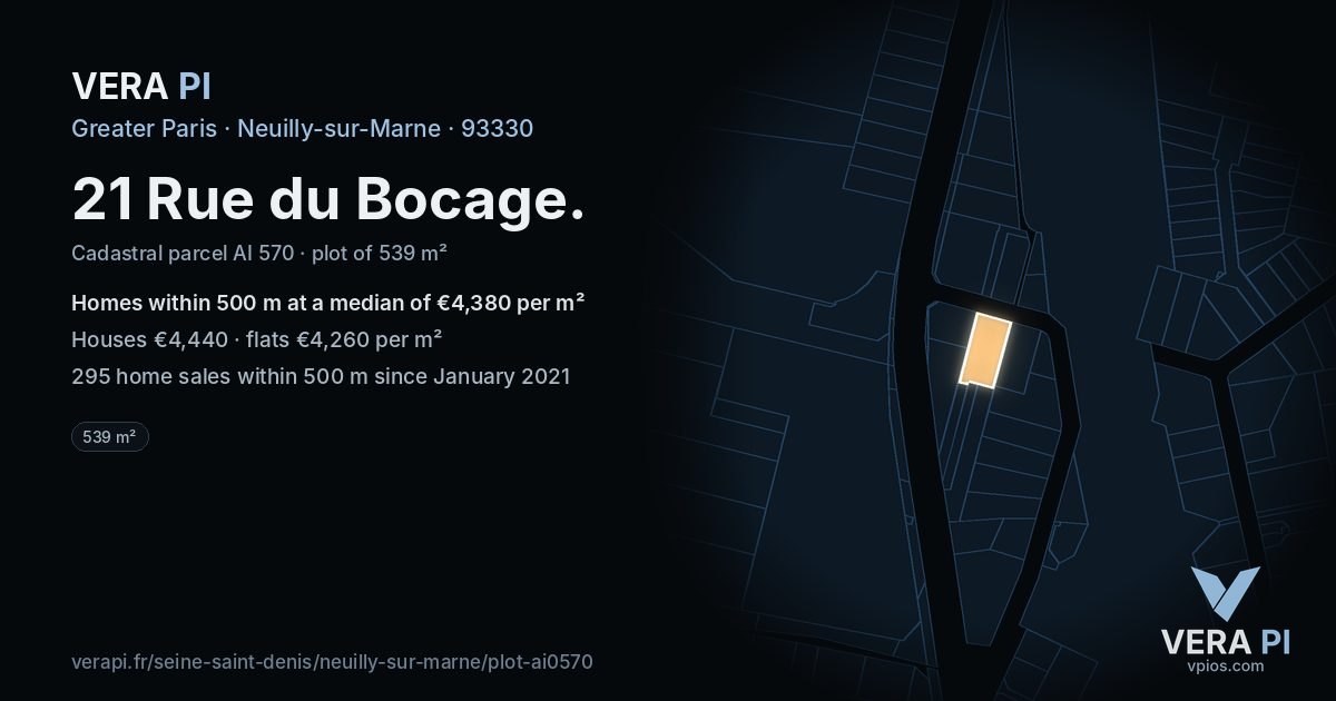 21 Rue du Bocage, Neuilly-sur-Marne at night – the plot lit, the parcels around coloured by the prices near them