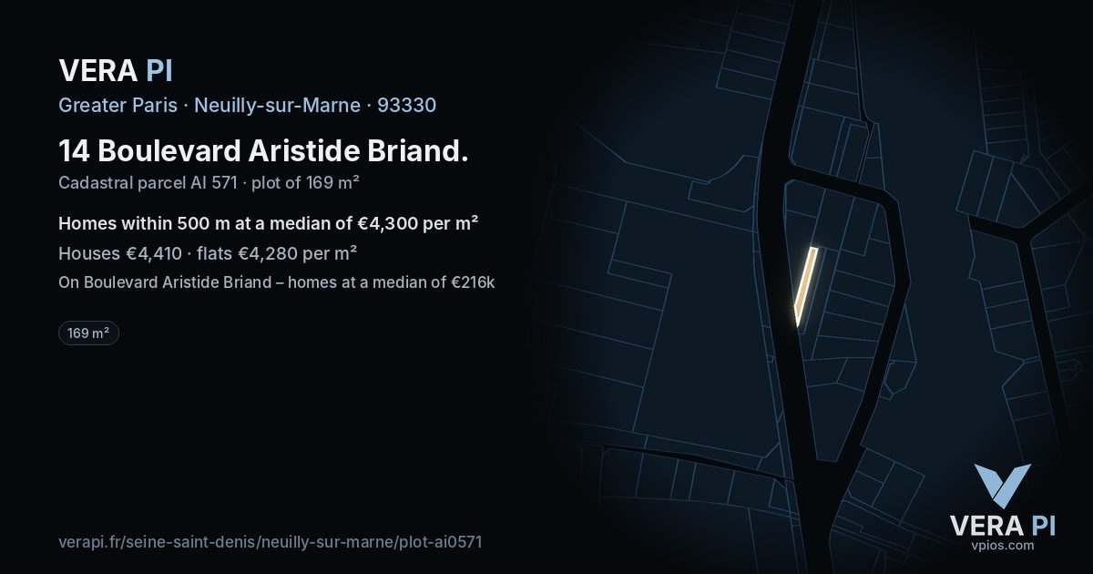14 Boulevard Aristide Briand, Neuilly-sur-Marne at night – the plot lit, the parcels around coloured by the prices near them