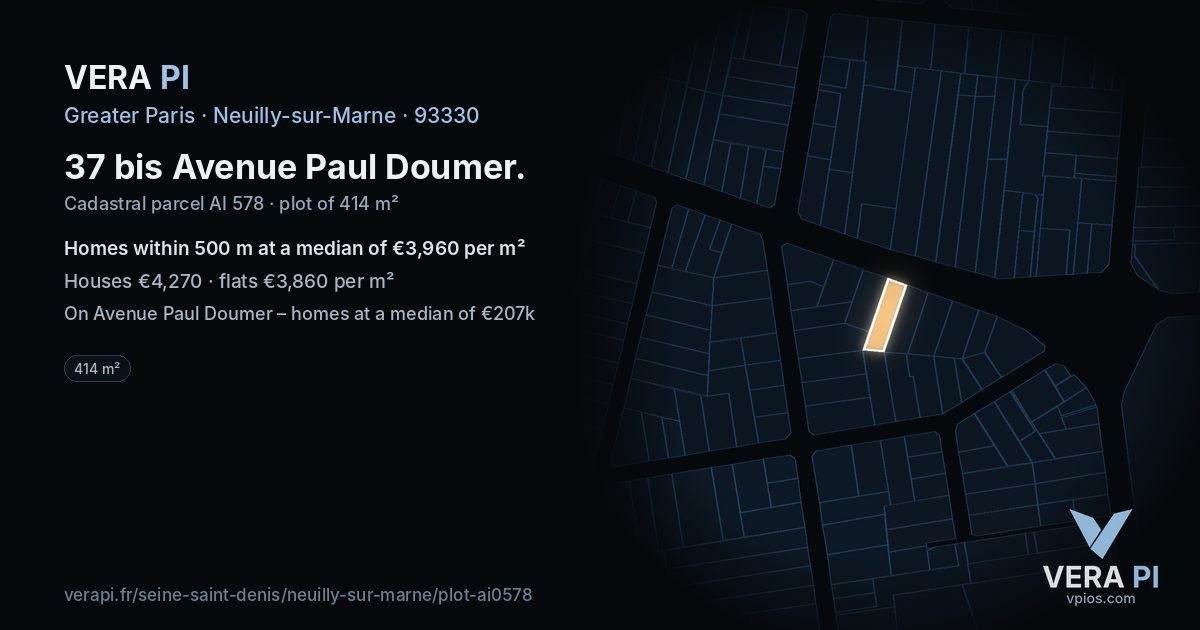 37 bis Avenue Paul Doumer, Neuilly-sur-Marne at night – the plot lit, the parcels around coloured by the prices near them