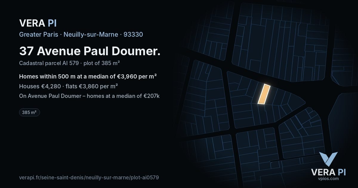 37 Avenue Paul Doumer, Neuilly-sur-Marne at night – the plot lit, the parcels around coloured by the prices near them