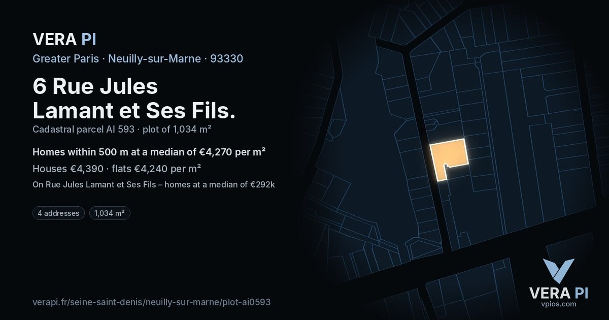 6 Rue Jules Lamant et Ses Fils, Neuilly-sur-Marne at night – the plot lit, the parcels around coloured by the prices near them