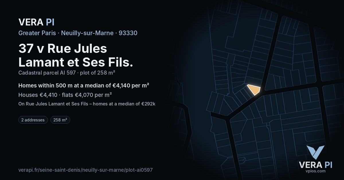37 v Rue Jules Lamant et Ses Fils, Neuilly-sur-Marne at night – the plot lit, the parcels around coloured by the prices near them