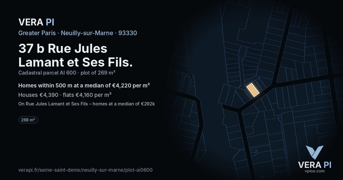 37 b Rue Jules Lamant et Ses Fils, Neuilly-sur-Marne at night – the plot lit, the parcels around coloured by the prices near them