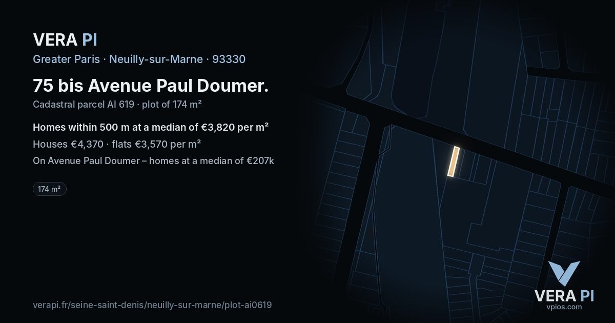 75 bis Avenue Paul Doumer, Neuilly-sur-Marne at night – the plot lit, the parcels around coloured by the prices near them