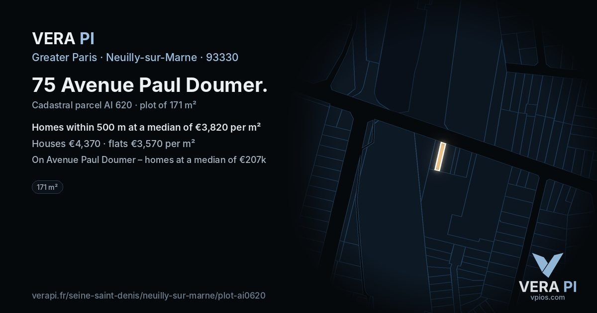 75 Avenue Paul Doumer, Neuilly-sur-Marne at night – the plot lit, the parcels around coloured by the prices near them
