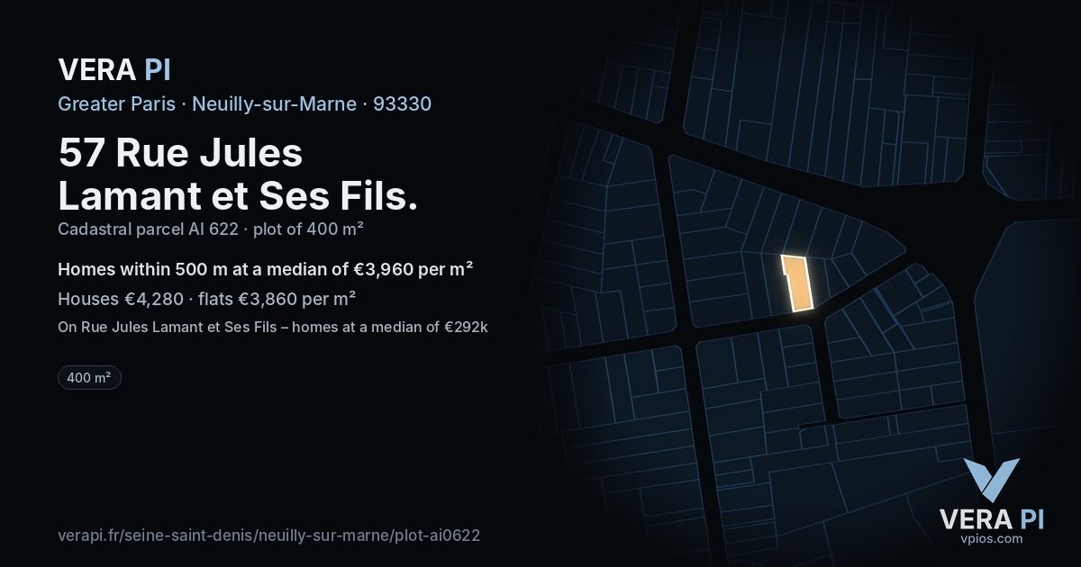 57 Rue Jules Lamant et Ses Fils, Neuilly-sur-Marne at night – the plot lit, the parcels around coloured by the prices near them