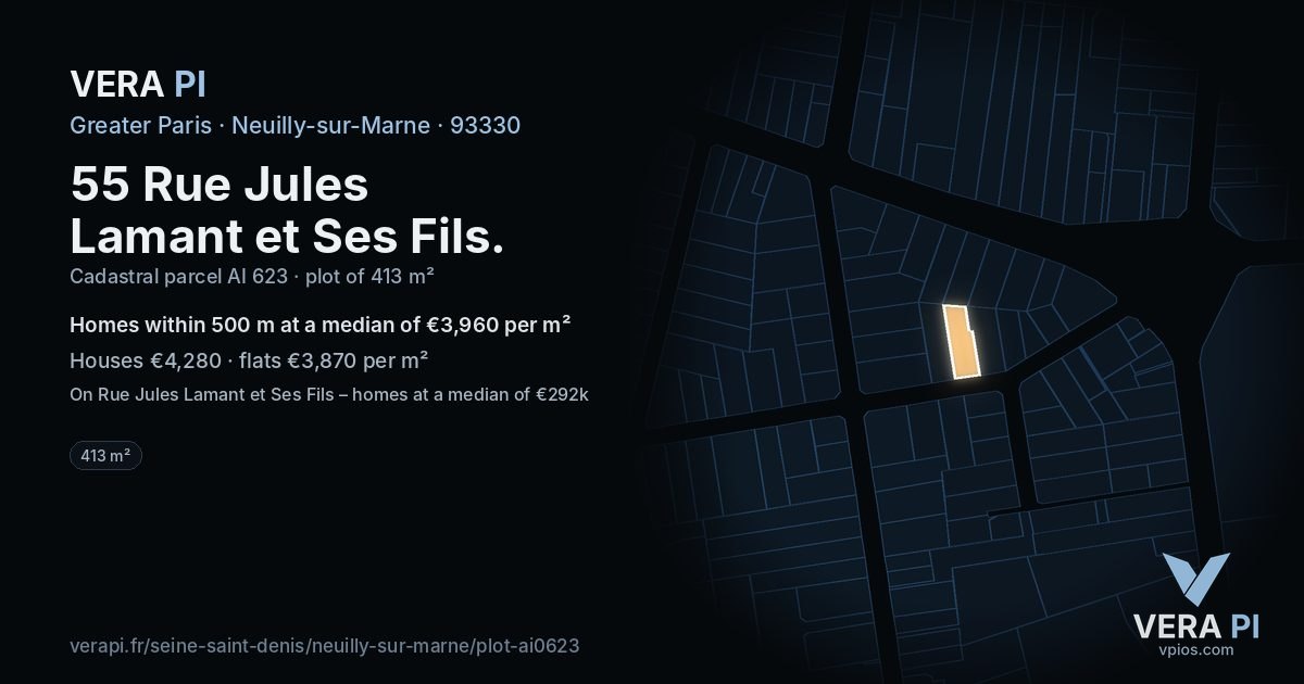 55 Rue Jules Lamant et Ses Fils, Neuilly-sur-Marne at night – the plot lit, the parcels around coloured by the prices near them