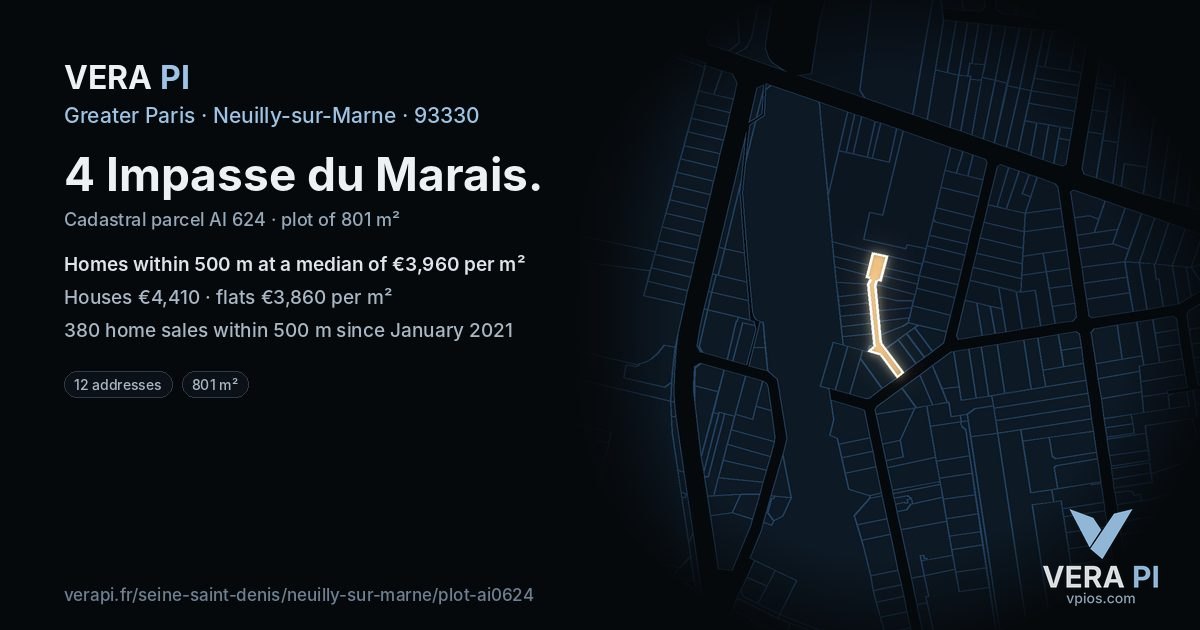 4 Impasse du Marais, Neuilly-sur-Marne at night – the plot lit, the parcels around coloured by the prices near them
