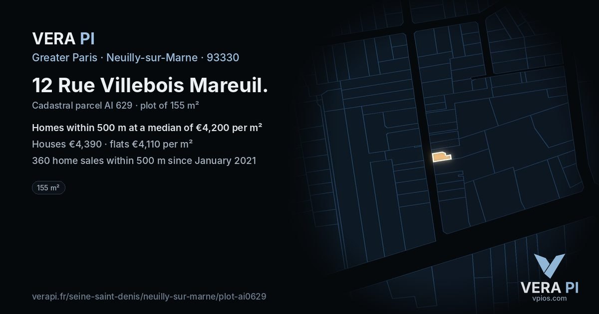12 Rue Villebois Mareuil, Neuilly-sur-Marne at night – the plot lit, the parcels around coloured by the prices near them