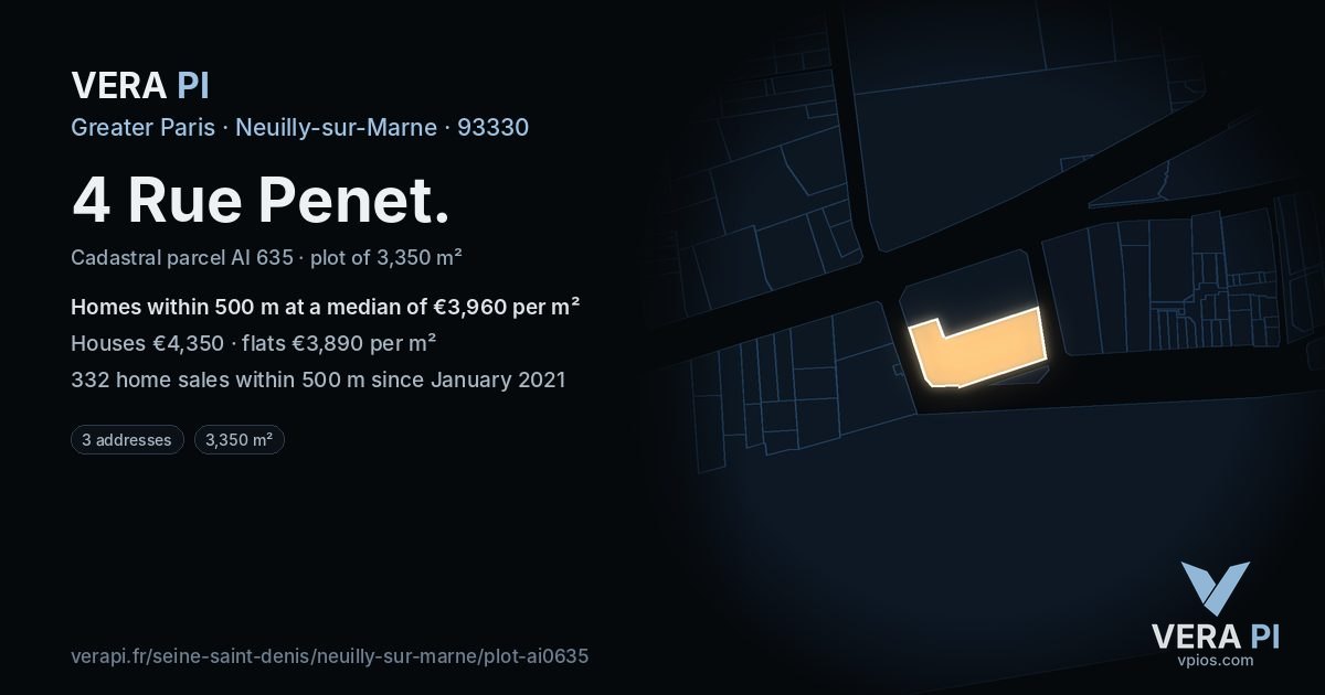4 Rue Penet, Neuilly-sur-Marne at night – the plot lit, the parcels around coloured by the prices near them