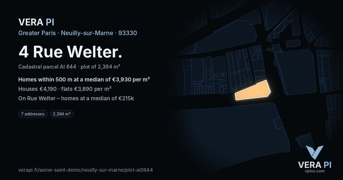 4 Rue Welter, Neuilly-sur-Marne at night – the plot lit, the parcels around coloured by the prices near them