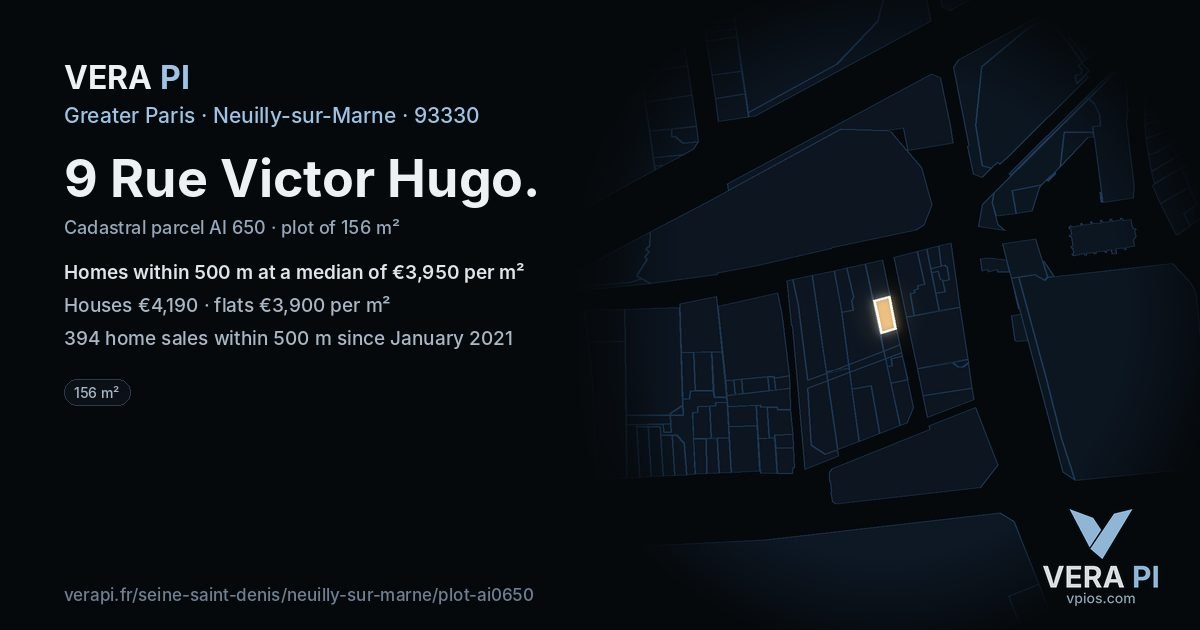9 Rue Victor Hugo, Neuilly-sur-Marne at night – the plot lit, the parcels around coloured by the prices near them