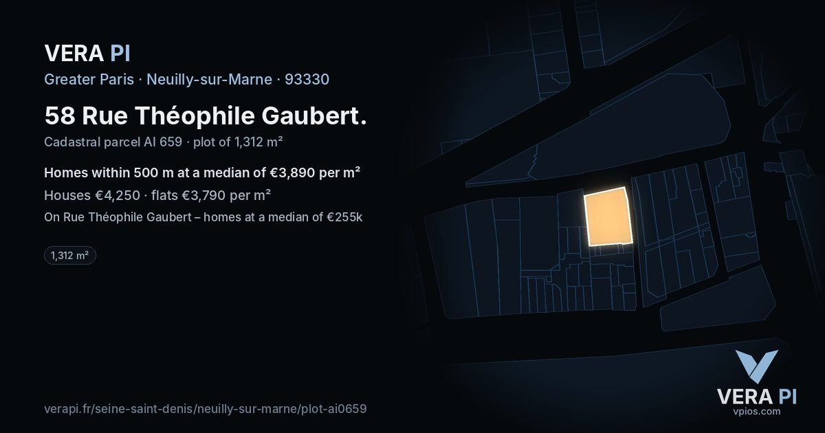 58 Rue Théophile Gaubert, Neuilly-sur-Marne at night – the plot lit, the parcels around coloured by the prices near them