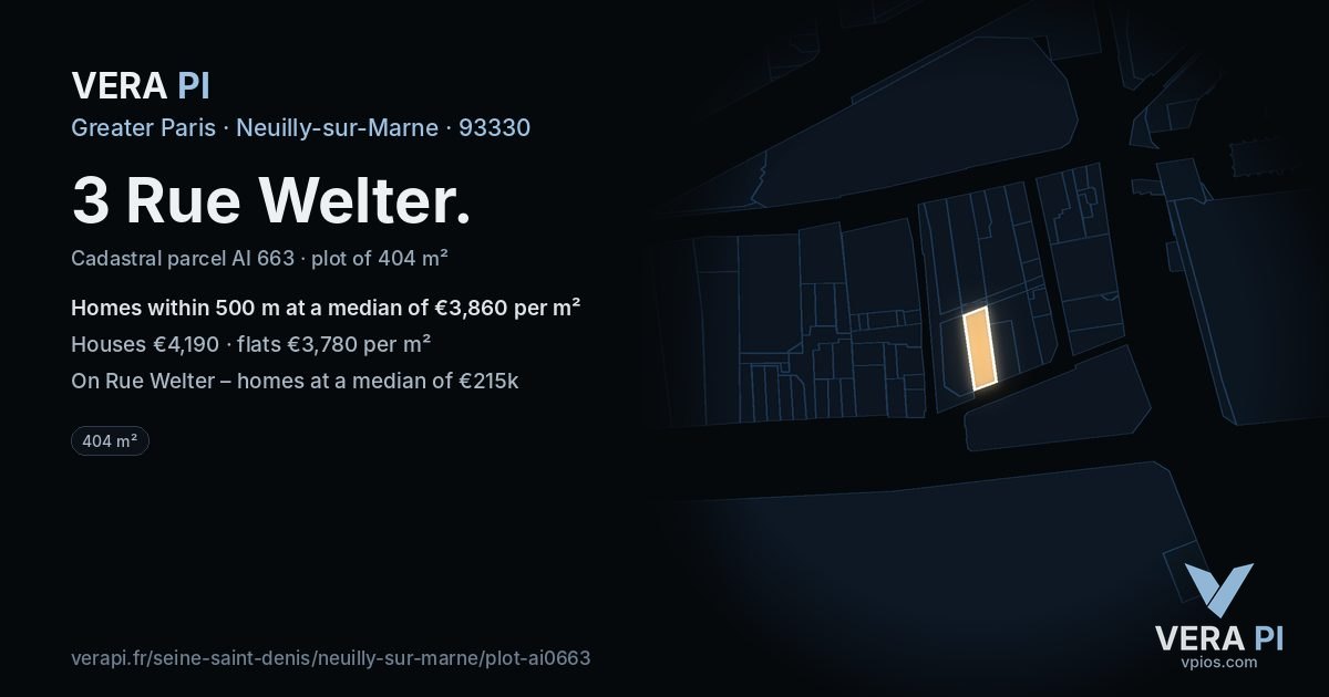 3 Rue Welter, Neuilly-sur-Marne at night – the plot lit, the parcels around coloured by the prices near them