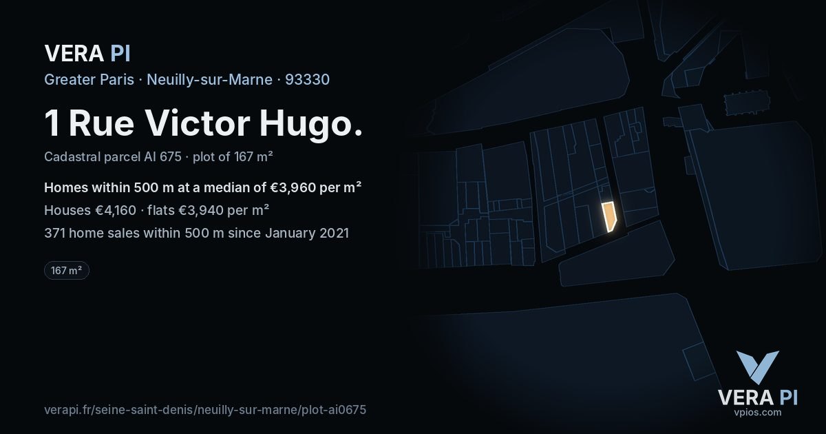 1 Rue Victor Hugo, Neuilly-sur-Marne at night – the plot lit, the parcels around coloured by the prices near them