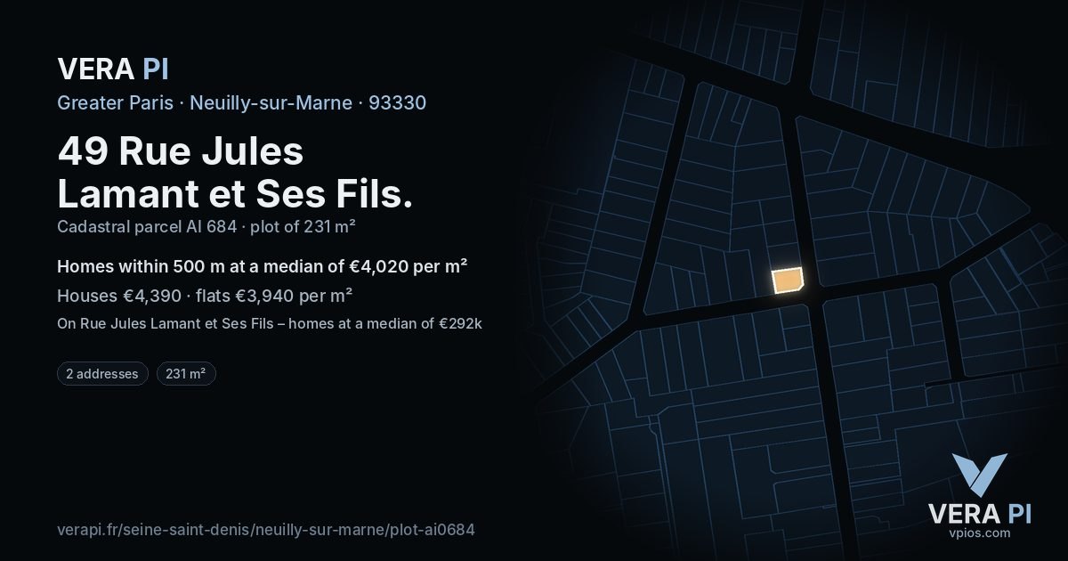 49 Rue Jules Lamant et Ses Fils, Neuilly-sur-Marne at night – the plot lit, the parcels around coloured by the prices near them