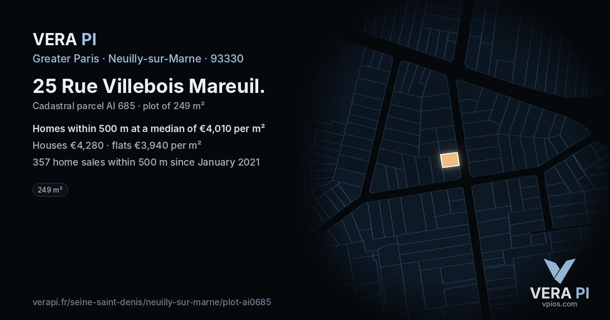 25 Rue Villebois Mareuil, Neuilly-sur-Marne at night – the plot lit, the parcels around coloured by the prices near them