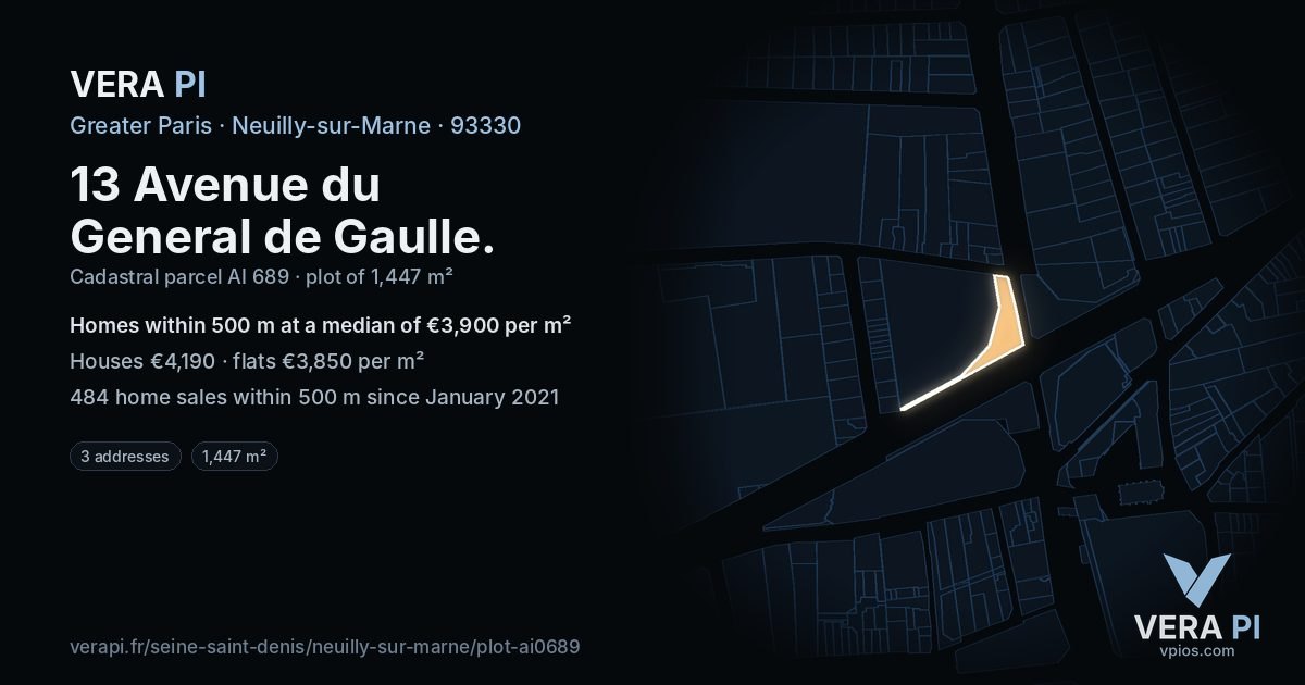 13 Avenue du General de Gaulle, Neuilly-sur-Marne at night – the plot lit, the parcels around coloured by the prices near them
