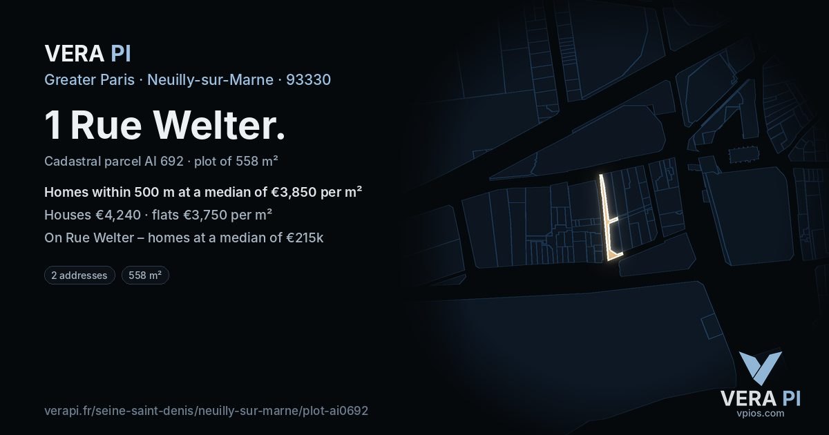 1 Rue Welter, Neuilly-sur-Marne at night – the plot lit, the parcels around coloured by the prices near them