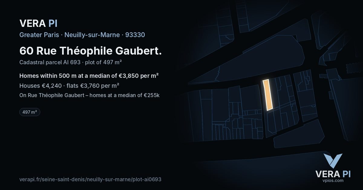 60 Rue Théophile Gaubert, Neuilly-sur-Marne at night – the plot lit, the parcels around coloured by the prices near them