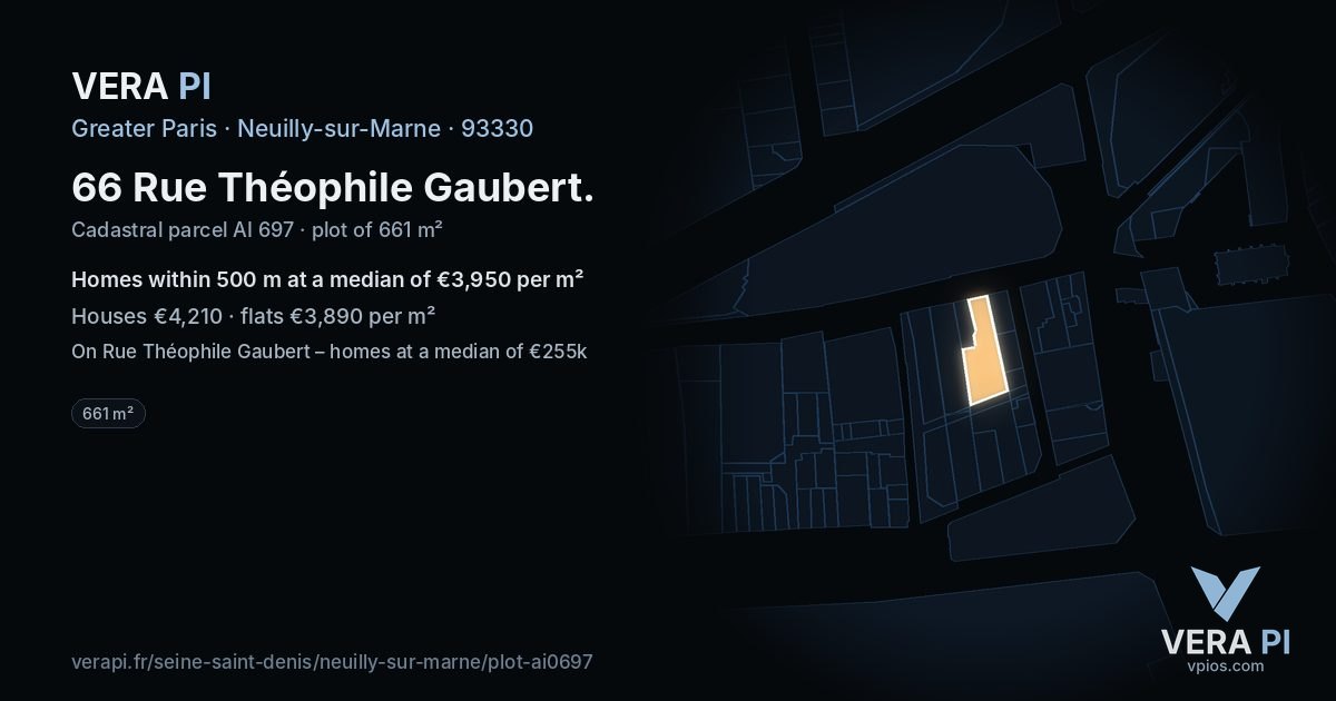 66 Rue Théophile Gaubert, Neuilly-sur-Marne at night – the plot lit, the parcels around coloured by the prices near them