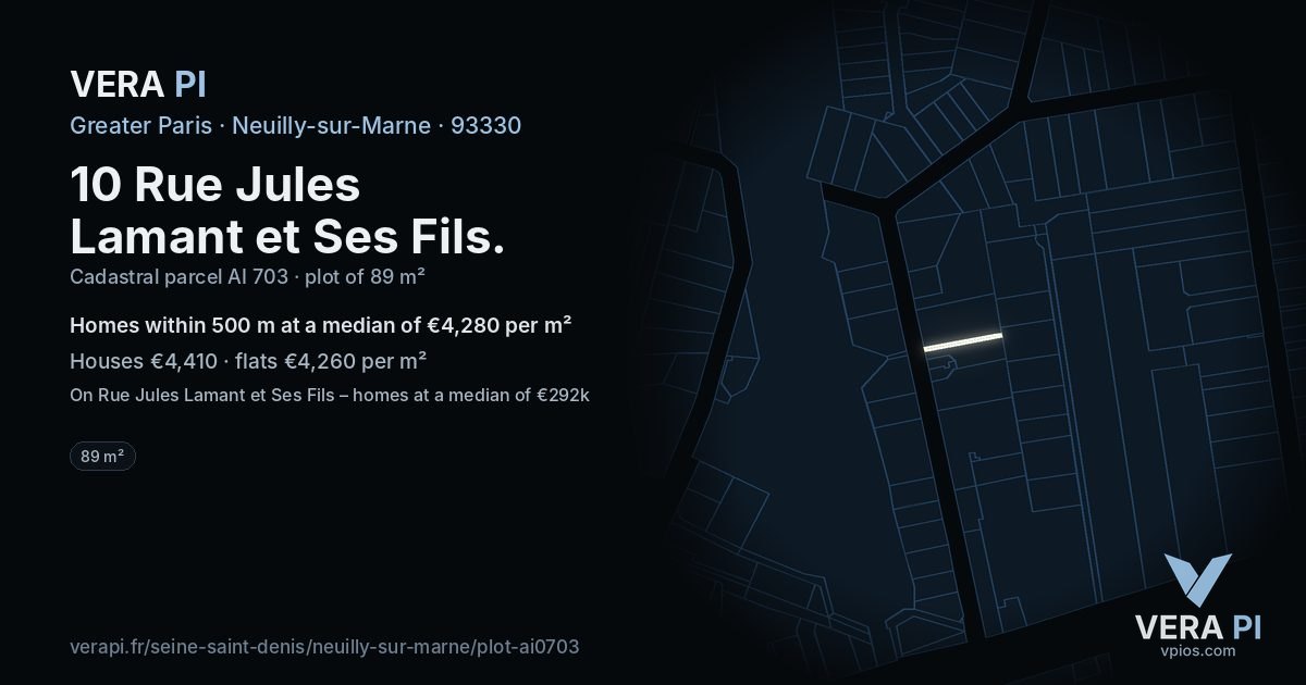 10 Rue Jules Lamant et Ses Fils, Neuilly-sur-Marne at night – the plot lit, the parcels around coloured by the prices near them