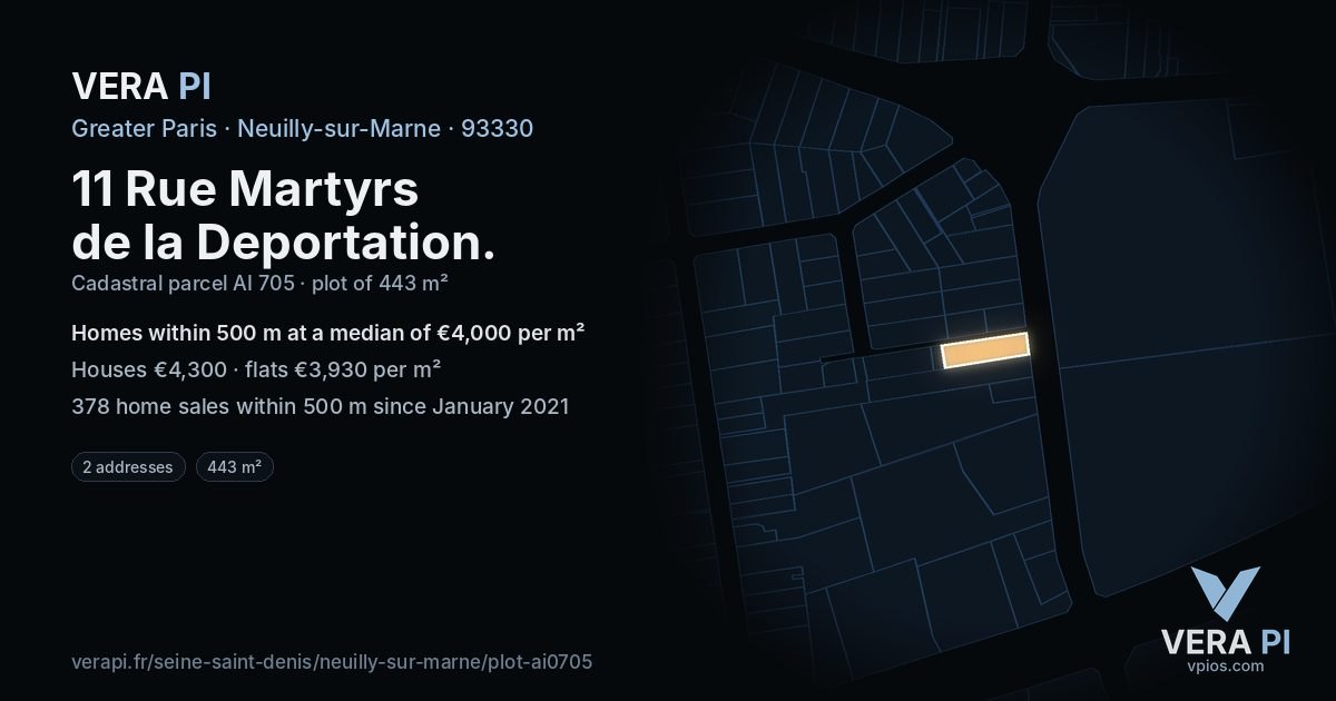 11 Rue Martyrs de la Deportation, Neuilly-sur-Marne at night – the plot lit, the parcels around coloured by the prices near them