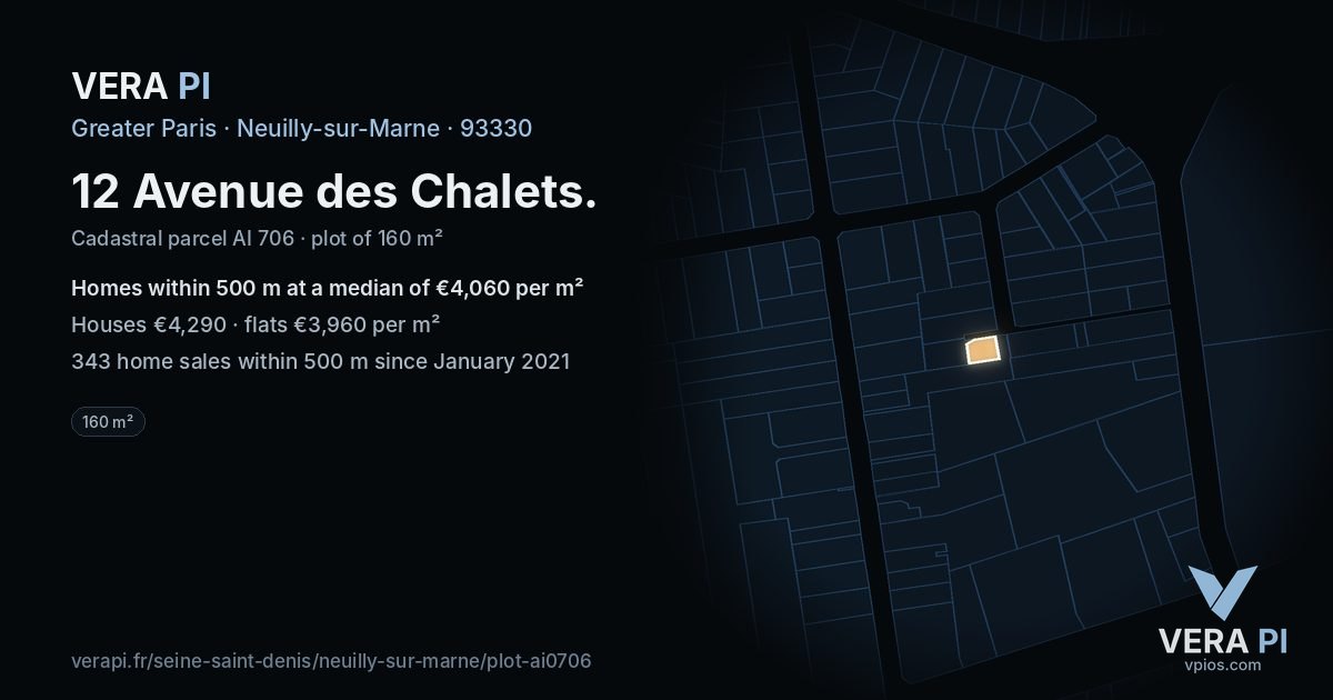 12 Avenue des Chalets, Neuilly-sur-Marne at night – the plot lit, the parcels around coloured by the prices near them