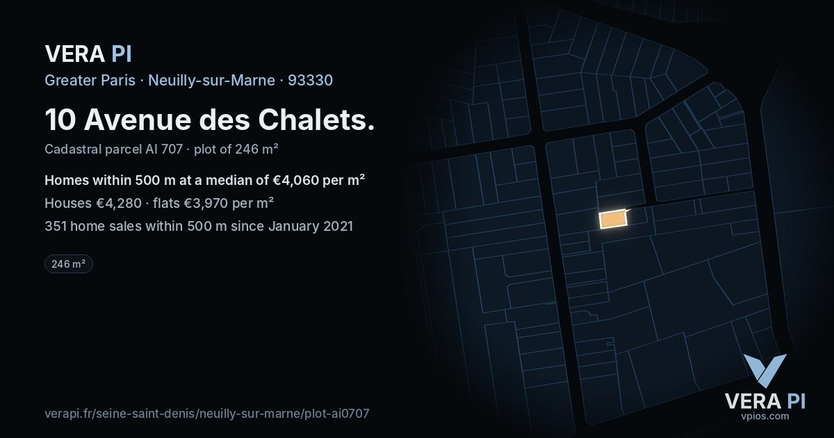 10 Avenue des Chalets, Neuilly-sur-Marne at night – the plot lit, the parcels around coloured by the prices near them
