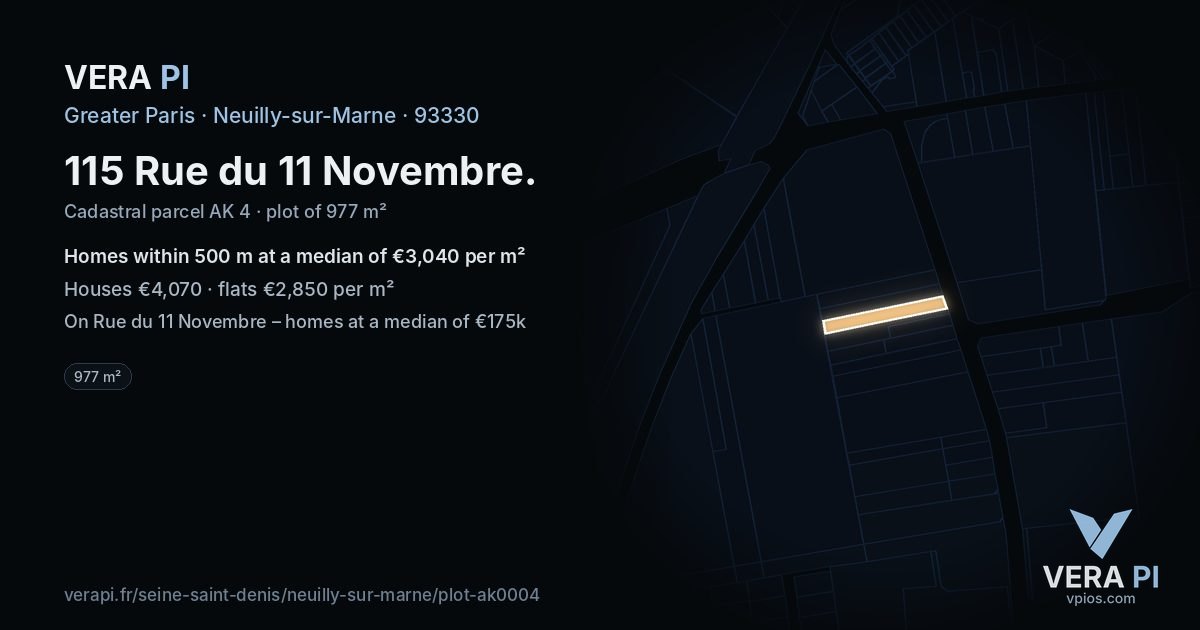 115 Rue du 11 Novembre, Neuilly-sur-Marne at night – the plot lit, the parcels around coloured by the prices near them