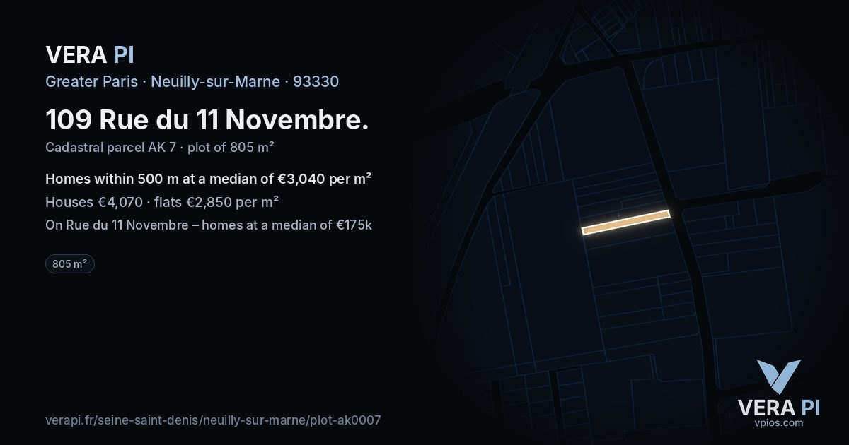 109 Rue du 11 Novembre, Neuilly-sur-Marne at night – the plot lit, the parcels around coloured by the prices near them