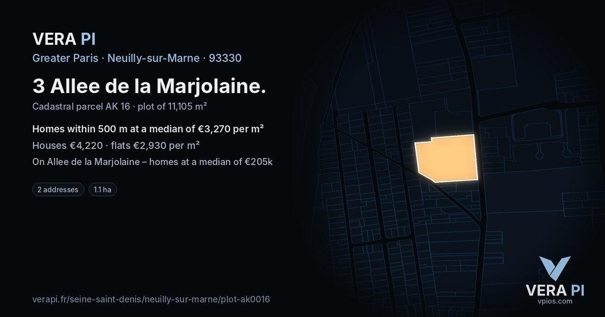 3 Allee de la Marjolaine, Neuilly-sur-Marne at night – the plot lit, the parcels around coloured by the prices near them