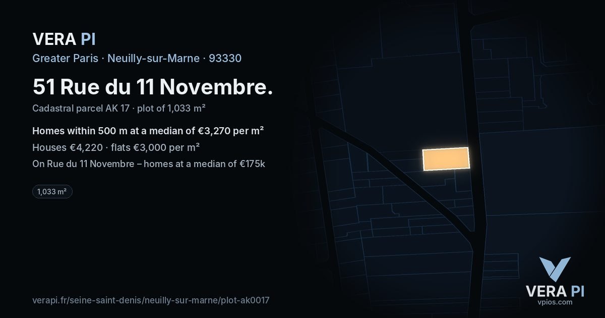 51 Rue du 11 Novembre, Neuilly-sur-Marne at night – the plot lit, the parcels around coloured by the prices near them