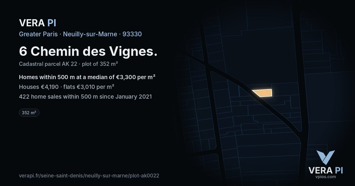 6 Chemin des Vignes, Neuilly-sur-Marne at night – the plot lit, the parcels around coloured by the prices near them