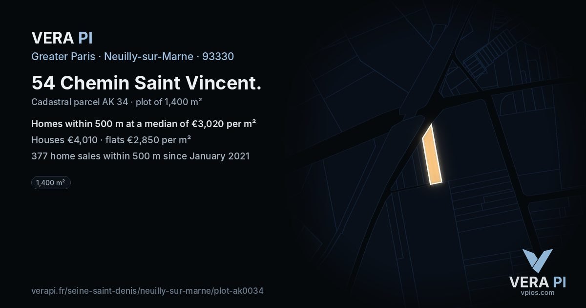 54 Chemin Saint Vincent, Neuilly-sur-Marne at night – the plot lit, the parcels around coloured by the prices near them