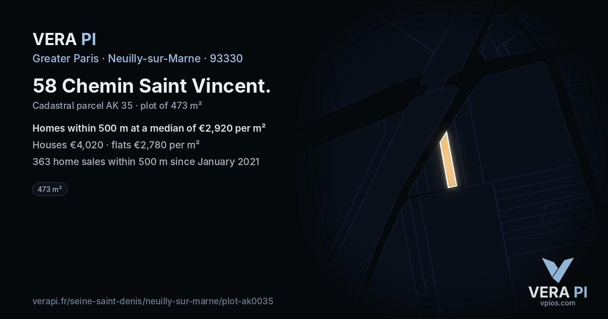 58 Chemin Saint Vincent, Neuilly-sur-Marne at night – the plot lit, the parcels around coloured by the prices near them