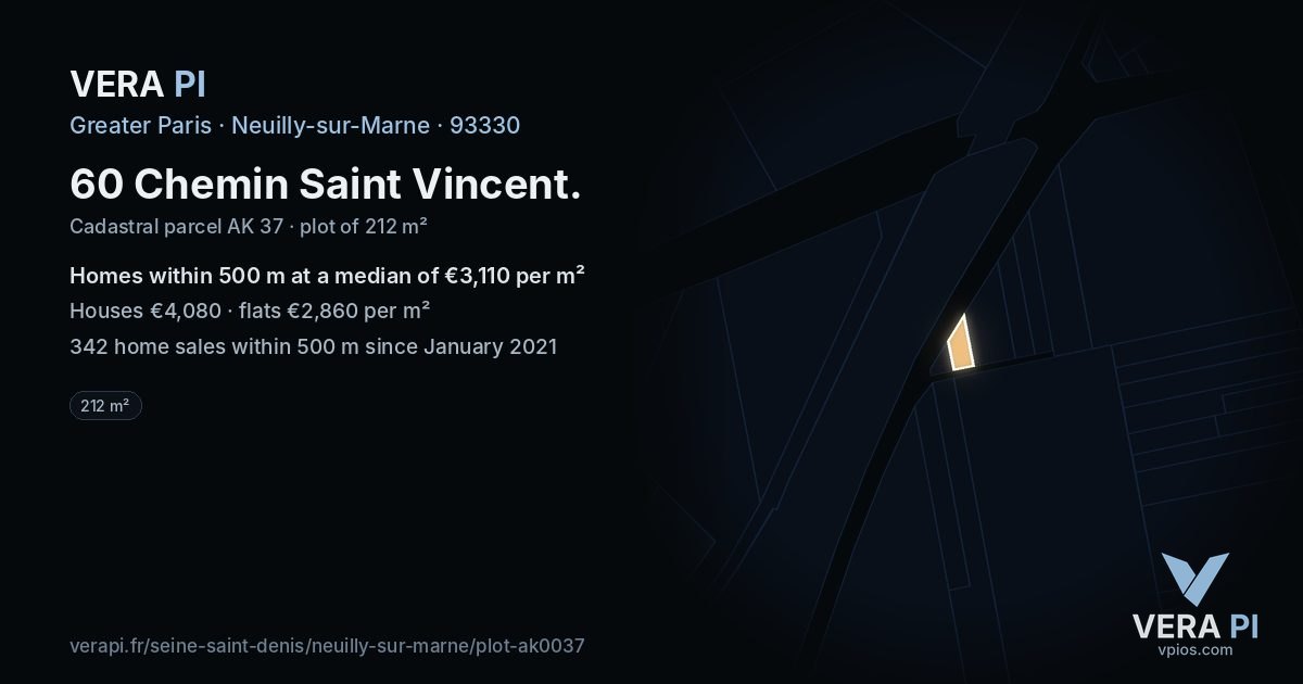 60 Chemin Saint Vincent, Neuilly-sur-Marne at night – the plot lit, the parcels around coloured by the prices near them