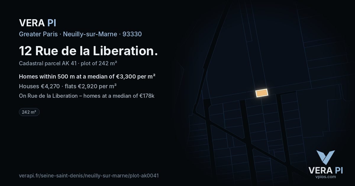 12 Rue de la Liberation, Neuilly-sur-Marne at night – the plot lit, the parcels around coloured by the prices near them