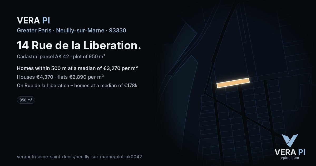 14 Rue de la Liberation, Neuilly-sur-Marne at night – the plot lit, the parcels around coloured by the prices near them